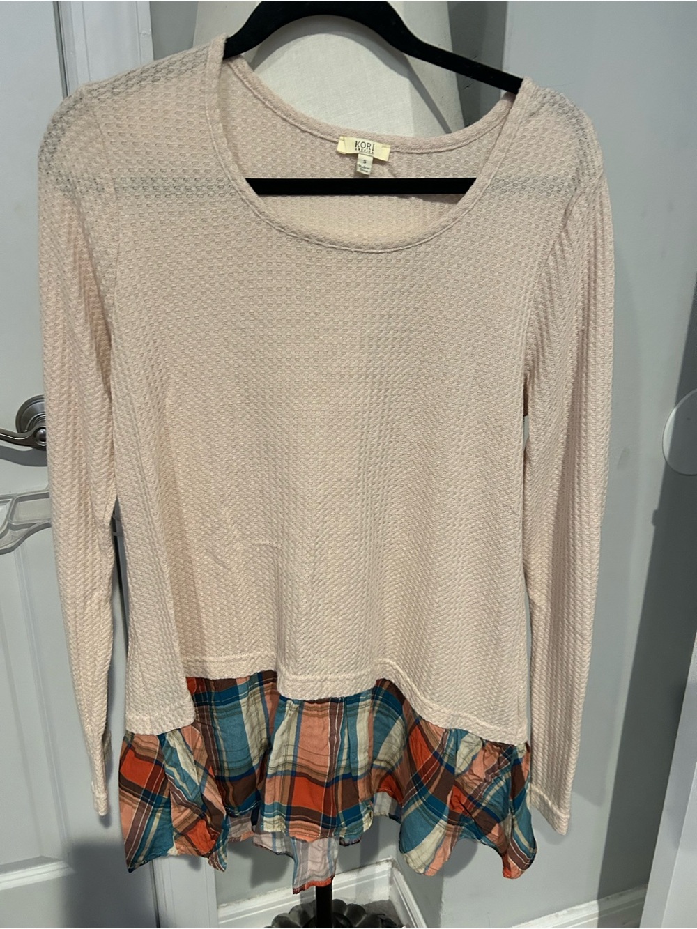 Kori Cream Waffle-Knit Long Sleeve Top with Plaid Ruffle Hem